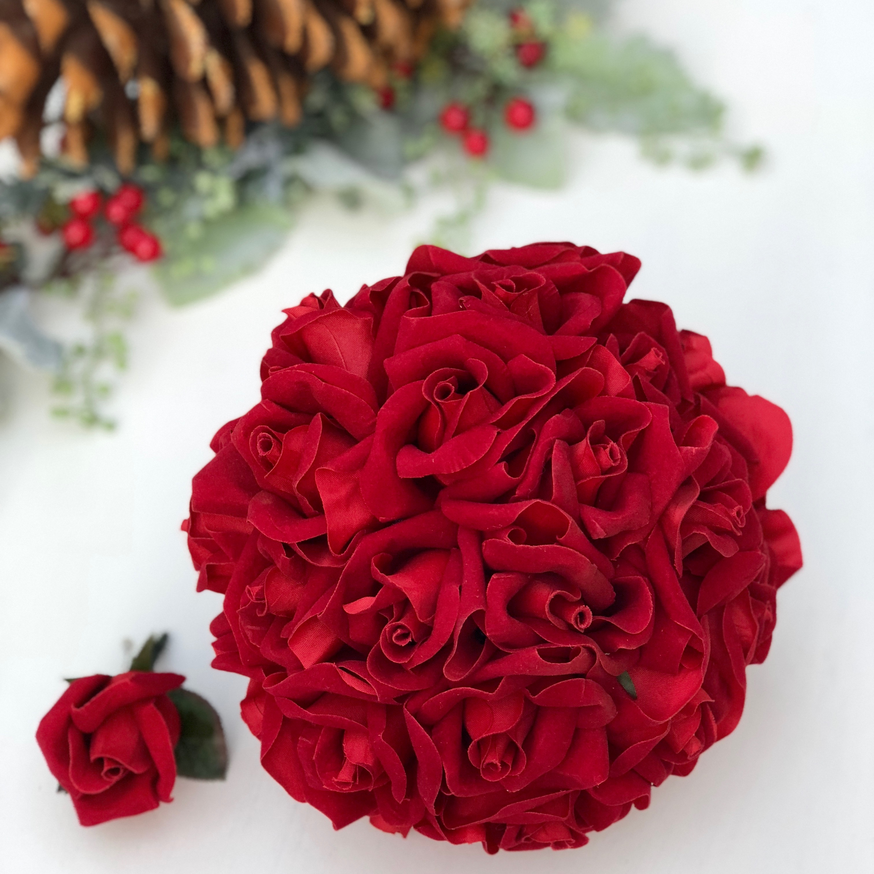 24 Red Velvet rose silk wedding flower bouquet