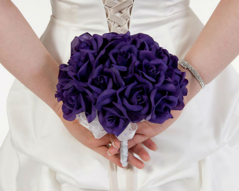 Purple Silk Rose Hand Tie (24 Roses) - Silk Bridal Wedding Bouquet