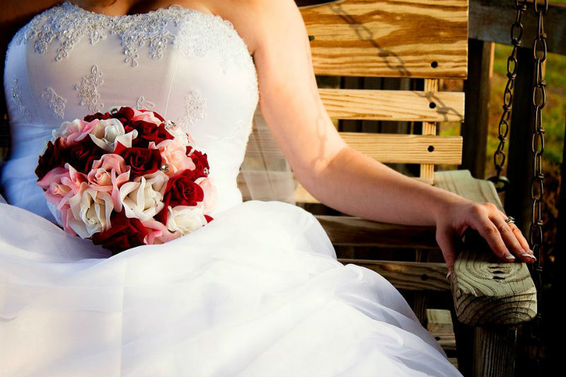 Red, Pink and Ivory Silk Rose Hand Tie (2 Dozen Roses) - Bridal Wedding Bouquet