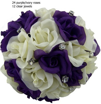 Purple and Ivory Silk Rose Hand Tie (2 Dozen Roses) - Bridal Wedding Bouquet