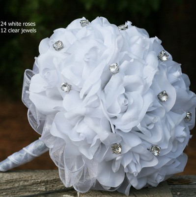 White Silk Rose Hand Tie (2 Dozen Roses) - Bridal Wedding Bouquet