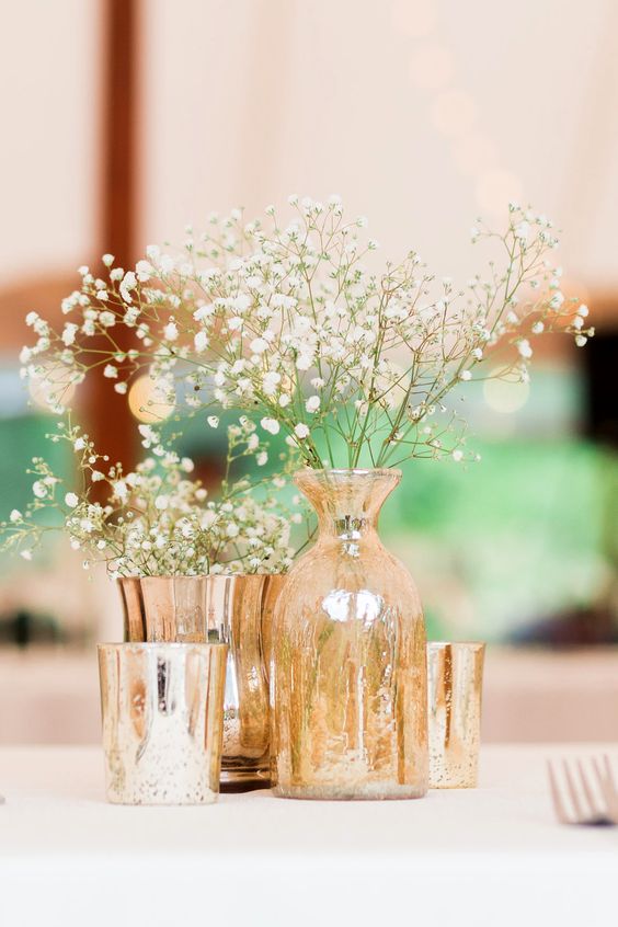   Babys Breath Centerpiece in Gold Mercury VASe