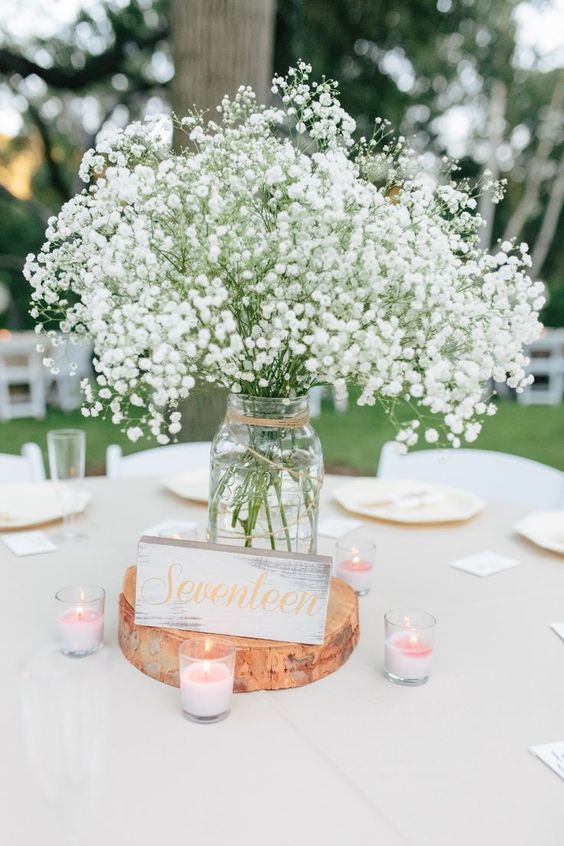 Gorgeous Spring Centerpiece with a huge bouquet of babys breath flowers