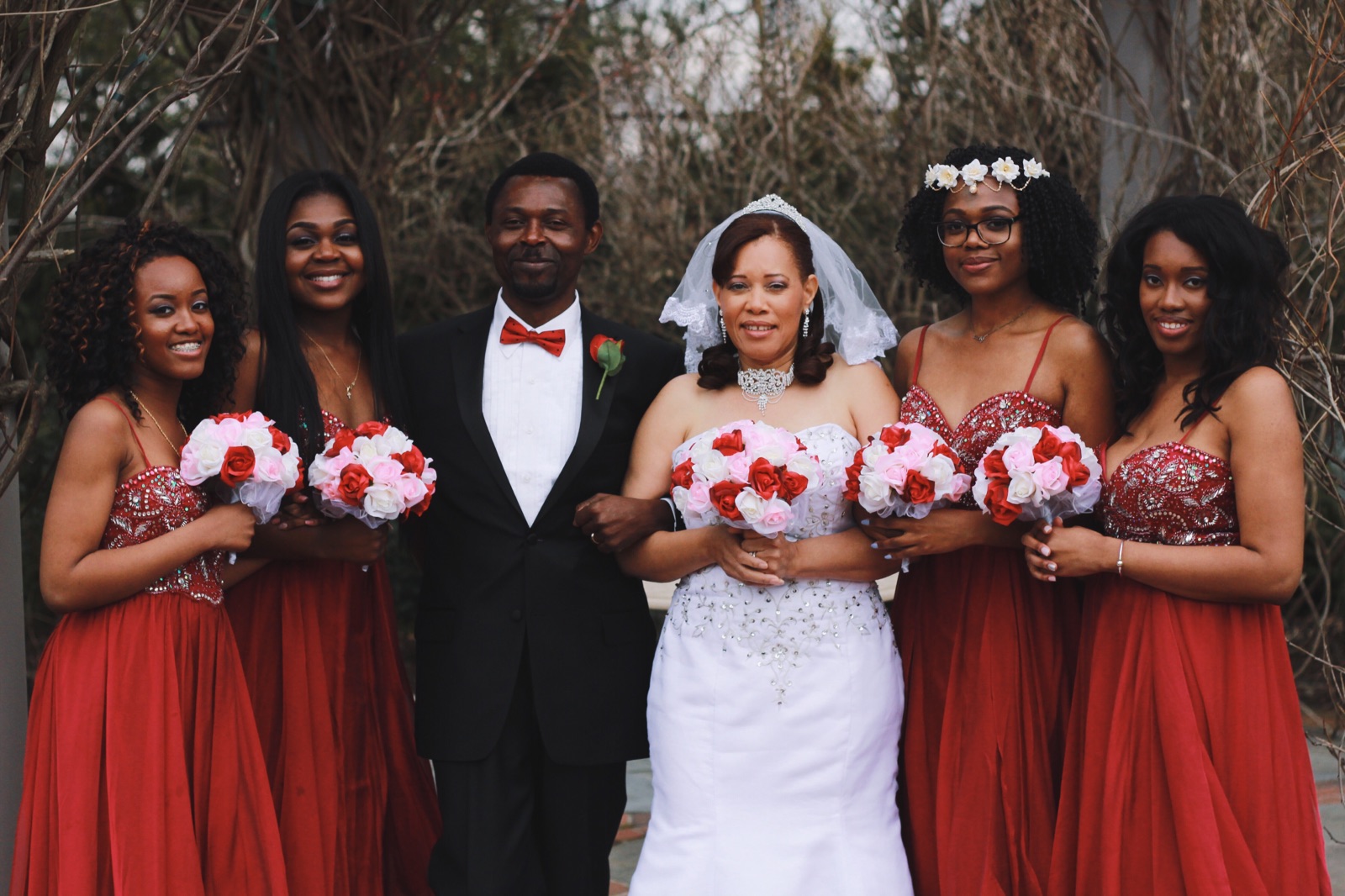 Red, Pink and Ivory Silk Rose Hand Tie (36 Roses) - Silk Bridal Wedding Bouquet